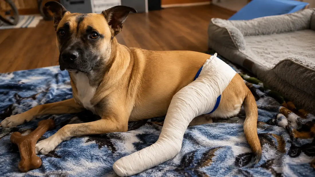 A dog laying down with it's rear leg bandaged after TPLO surgery